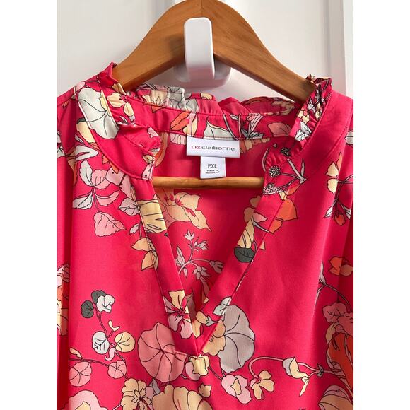 Liz Claiborne Blouse Petite XL Red Teaberry Hawai Floral Ruffle Sleeve  V Neck - Picture 5 of 6